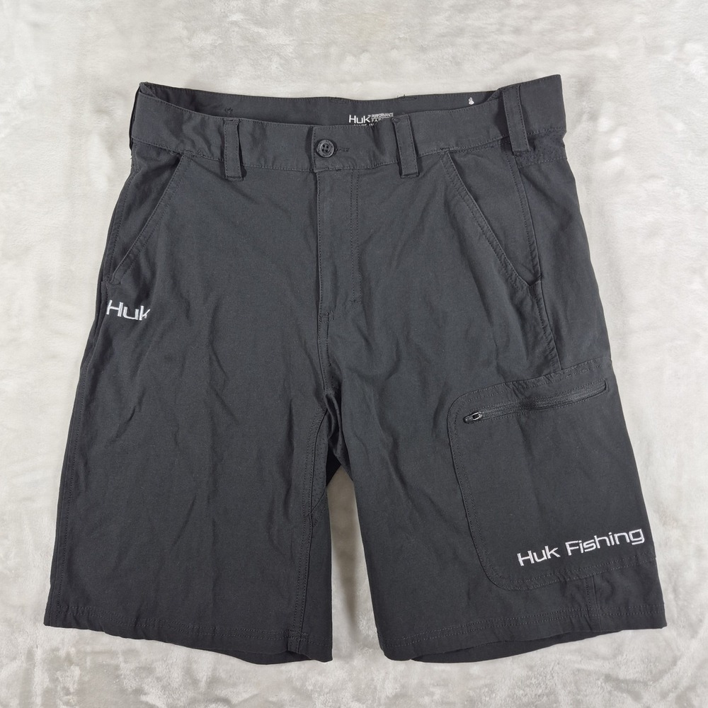 Huk Performance Cargo Fishing Shorts Men's Large Black 10" Inseam Outdoors